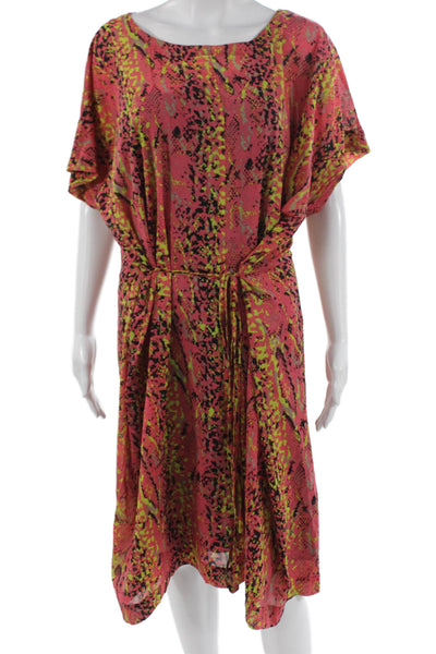 DKNY Womens Multicolor Silk Kaftan Dress Boat Neck Short Sleeve Tie Size 12