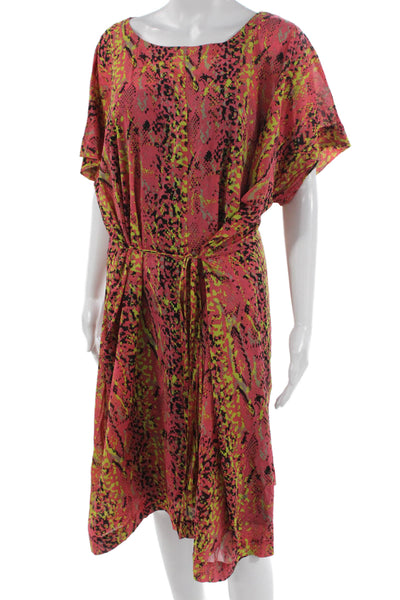 DKNY Womens Multicolor Silk Kaftan Dress Boat Neck Short Sleeve Tie Size 12