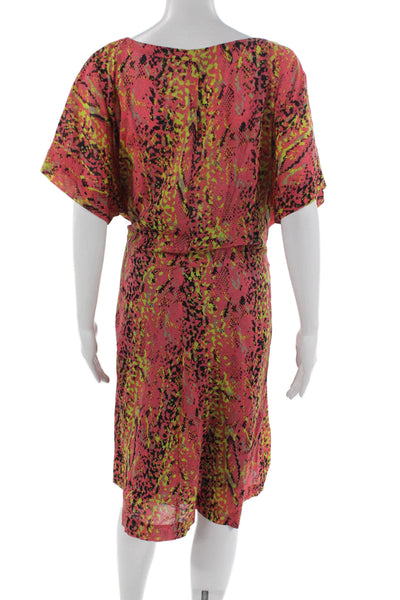 DKNY Womens Multicolor Silk Kaftan Dress Boat Neck Short Sleeve Tie Size 12