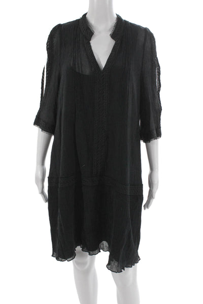 Kobi Halperin Women Black Cotton V-Neck 3/4 Sleeve Shift Dress Size XL
