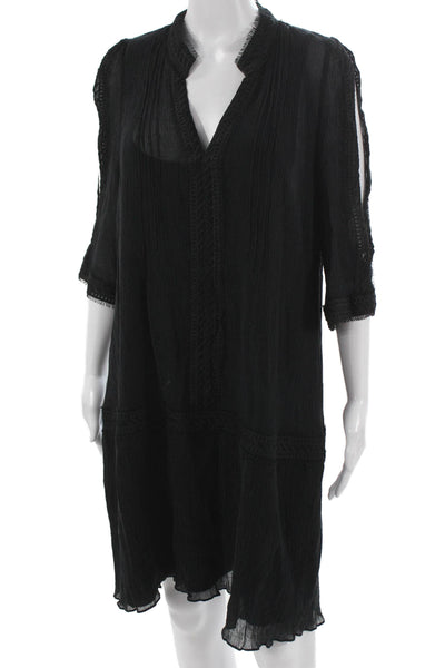 Kobi Halperin Women Black Cotton V-Neck 3/4 Sleeve Shift Dress Size XL