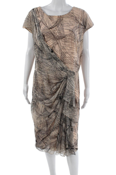 Tadashi Shoji Women Beige Wrap Dress Round Neck Short Sleeve Midi Size M