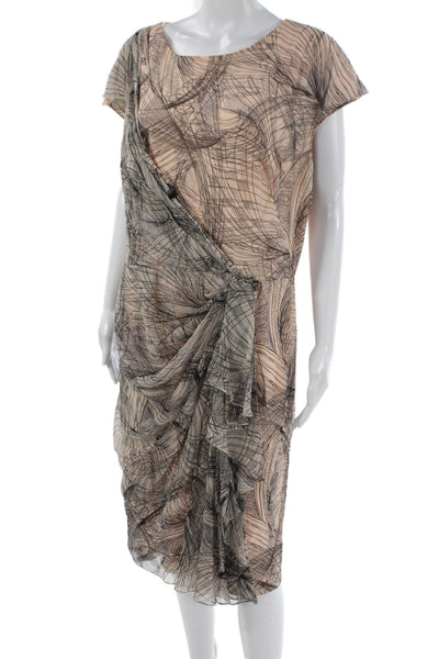 Tadashi Shoji Women Beige Wrap Dress Round Neck Short Sleeve Midi Size M