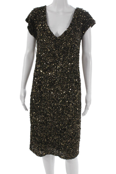 Theia Women Sheath Dress Black V Neck Short Sleeve Mid Calf Size 12