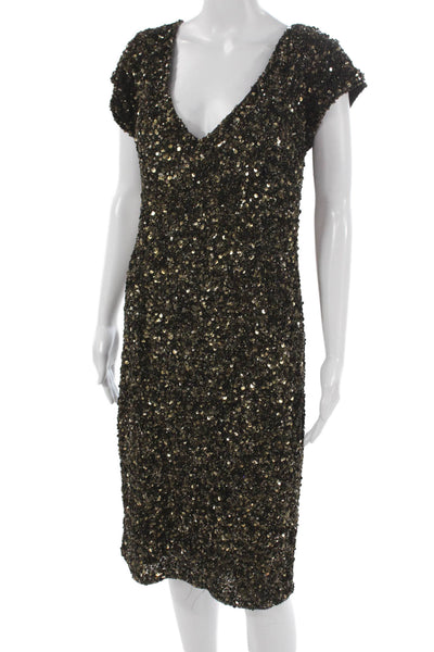 Theia Women Sheath Dress Black V Neck Short Sleeve Mid Calf Size 12