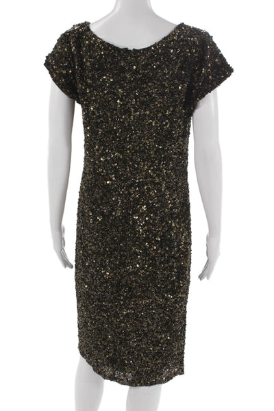 Theia Women Sheath Dress Black V Neck Short Sleeve Mid Calf Size 12