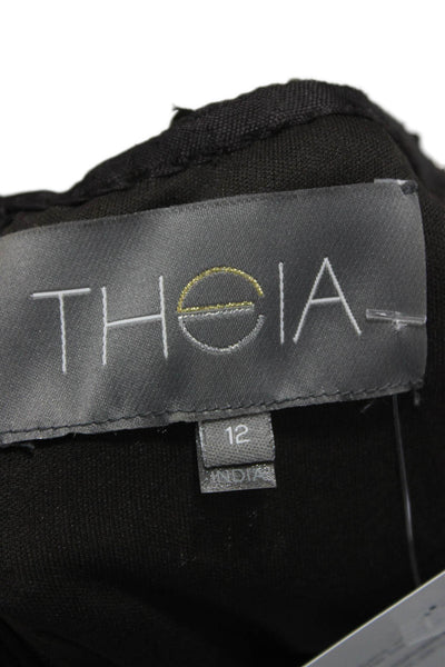 Theia Women Sheath Dress Black V Neck Short Sleeve Mid Calf Size 12