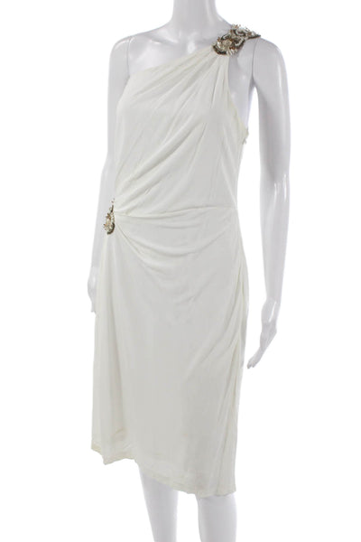 David Meister Women Sheath Dress One Shoulder White Sleeveless Rayon Size 14