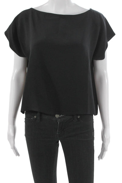 Zoran Women Silk Boat Neck Short Sleeve Blouse Pullover Black Size M