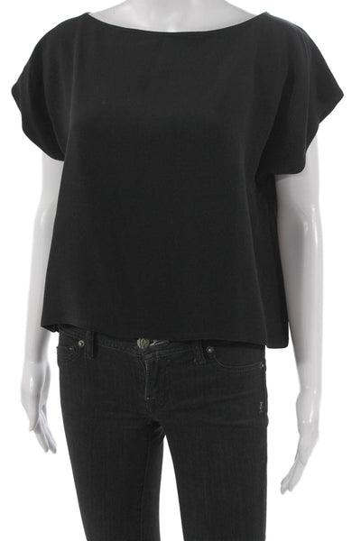 Zoran Women Silk Boat Neck Short Sleeve Blouse Pullover Black Size M