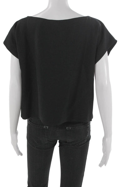 Zoran Women Silk Boat Neck Short Sleeve Blouse Pullover Black Size M