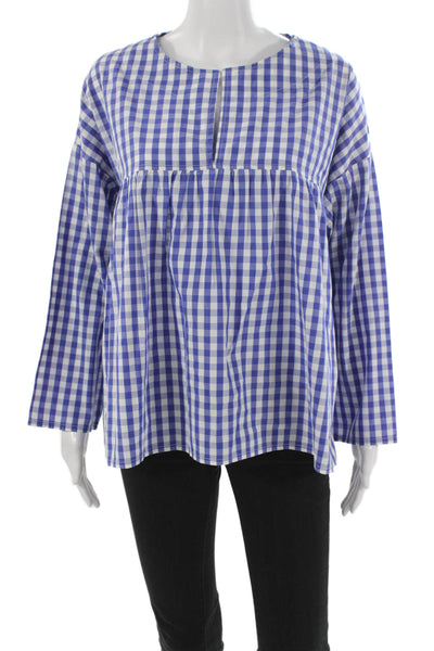 Laboratorio Womens Tunic Blouse Blue Cotton Long Sleeve Round Neck Check Size M