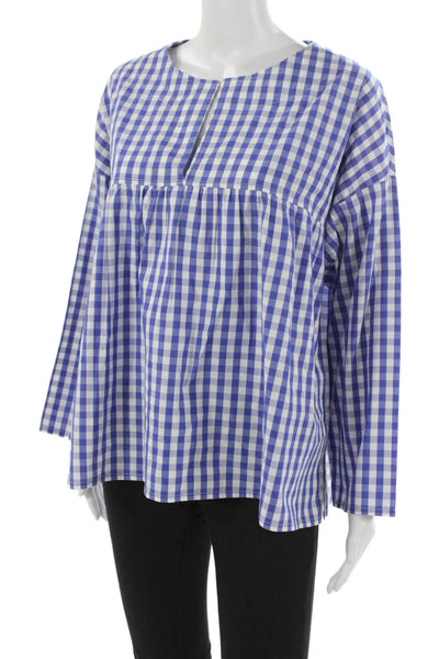 Laboratorio Womens Tunic Blouse Blue Cotton Long Sleeve Round Neck Check Size M