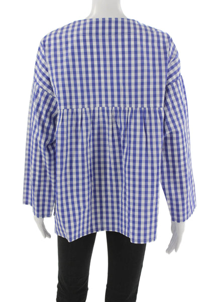 Laboratorio Womens Tunic Blouse Blue Cotton Long Sleeve Round Neck Check Size M