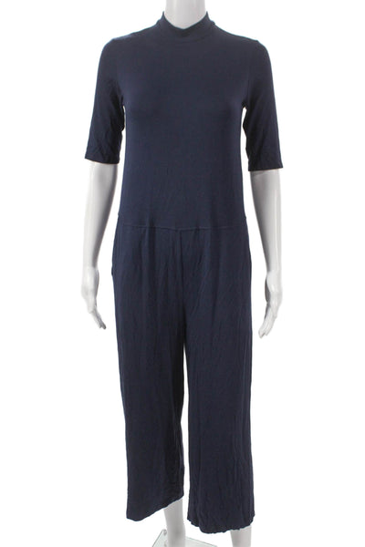 Eileen Fisher Women Jumpsuit Blue Mock Neck Half Sleeve Mid-Calf Zip Size 2XS