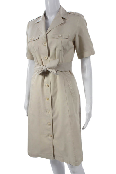 346 Brooks Brothers Womens Shirt Dress Beige Cotton Collared Short Sleeve Size 2