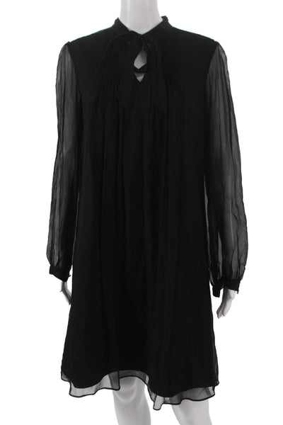 Tahari Womens Shift Dress Black Silk High Neck Long Sleeve Size 4