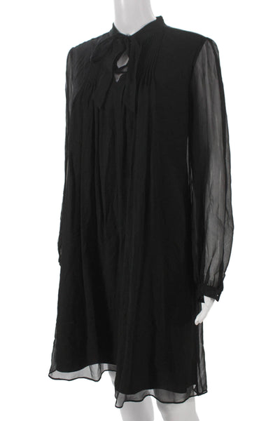 Tahari Womens Shift Dress Black Silk High Neck Long Sleeve Size 4