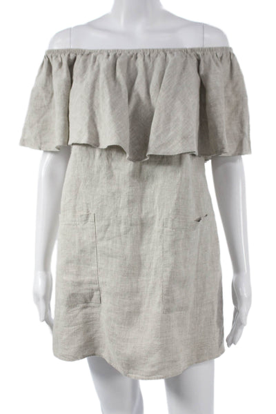 Reformation Women Shift Dress Beige Linen Off Shoulder Short Sleeve Size S