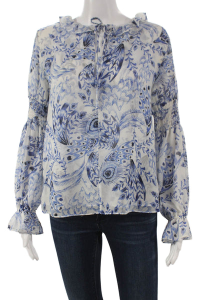 Misa Womens Blouse White Floral Viscose Long Sleeve Round Neck Tie Size XS
