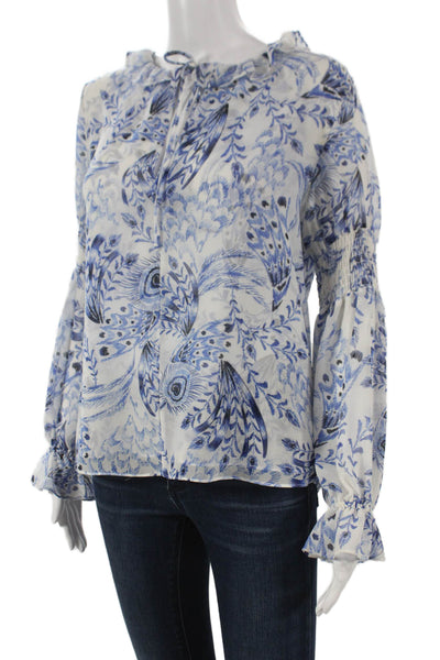Misa Womens Blouse White Floral Viscose Long Sleeve Round Neck Tie Size XS