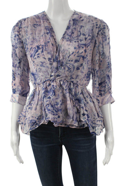 IRO Women Purple Floral V-Neck 3/4 Sleeve Viscose Blouse Size 34