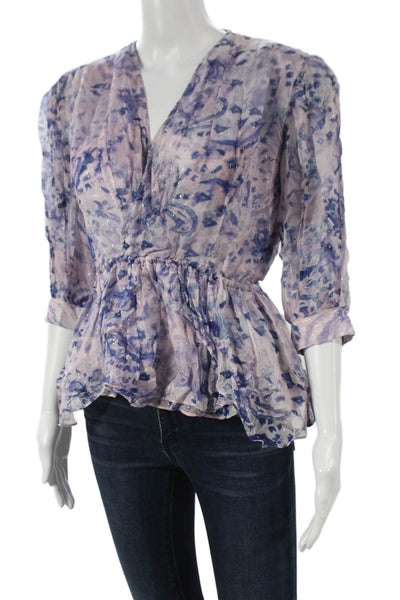 IRO Women Purple Floral V-Neck 3/4 Sleeve Viscose Blouse Size 34