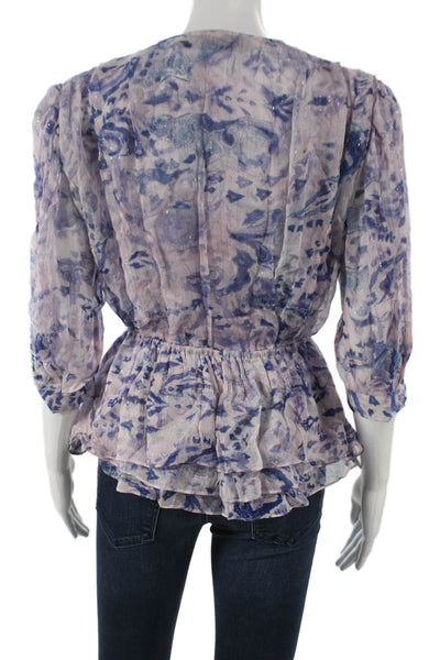 IRO Women Purple Floral V-Neck 3/4 Sleeve Viscose Blouse Size 34