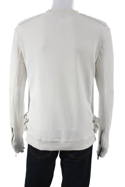 Balmain Mens Ivory Cotton Pullover Sweatshirt Crew Neck Zip Long Sleeve Size S