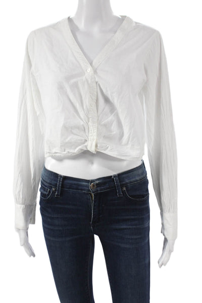Stateside Women Cropped Cotton V-Neck Button-Up White Long Sleeve Size S