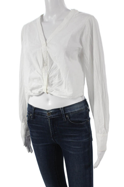 Stateside Women Cropped Cotton V-Neck Button-Up White Long Sleeve Size S