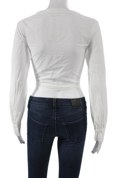 Stateside Women Cropped Cotton V-Neck Button-Up White Long Sleeve Size S