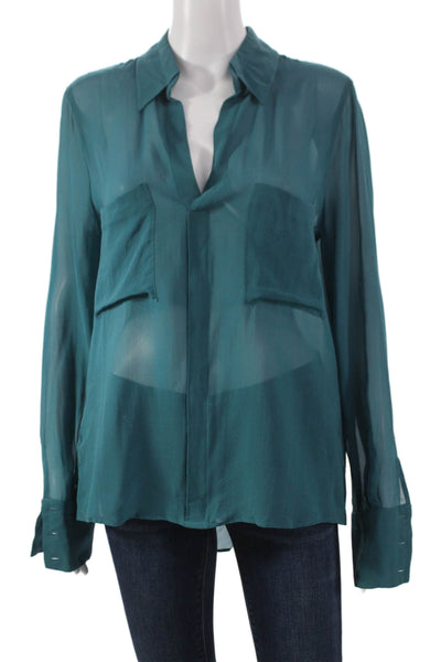 BCBGMAXAZRIA Women Silk Long Sleeve Collared Button Basic Blouse Green Size M