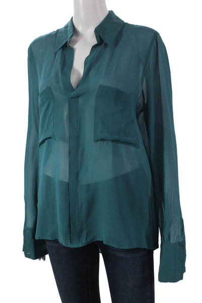 BCBGMAXAZRIA Women Silk Long Sleeve Collared Button Basic Blouse Green Size M