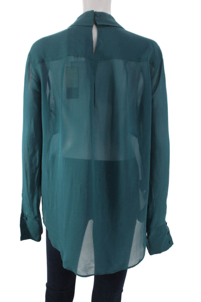 BCBGMAXAZRIA Women Silk Long Sleeve Collared Button Basic Blouse Green Size M
