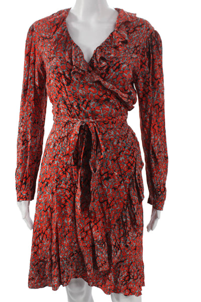 Maje Women Wrap Dress Multicolor Animal Print Long Sleeve V Neck Size 3