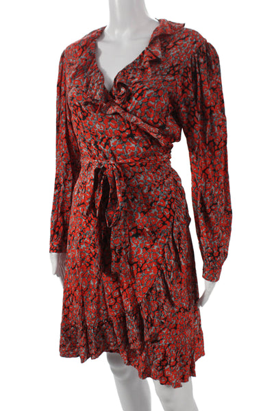 Maje Women Wrap Dress Multicolor Animal Print Long Sleeve V Neck Size 3