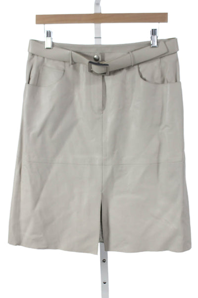Tahari Women Straight Pencil Leather Skirt Beige Buckle Size M