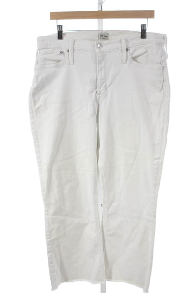J Crew Women Cropped High Rise White Jeans Button Cotton Blend Size 33