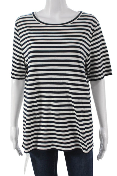 J Crew Women Black Striped Cotton T-Shirt Round Neck Short Sleeve Size 2XL