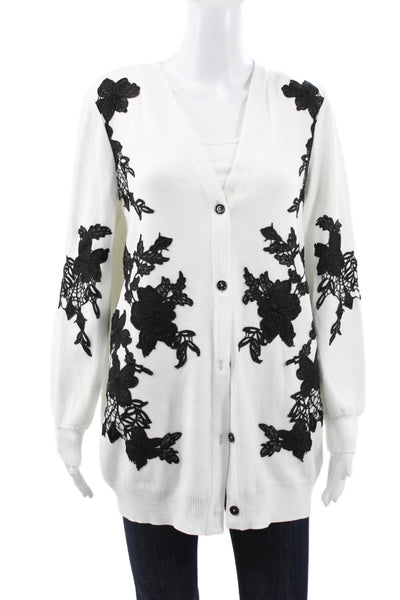 Misook Womens Cardigan V Neck Floral White Ecovero Long Sleeve Size S