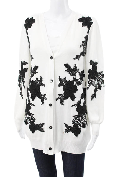 Misook Womens Cardigan V Neck Floral White Ecovero Long Sleeve Size S
