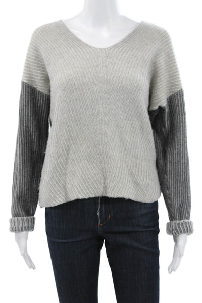 Naadam Women Gray Wool V-Neck Colorblock Pullover Sweater Size S