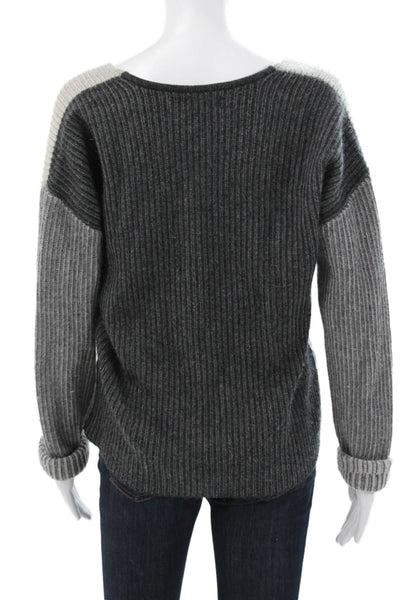 Naadam Women Gray Wool V-Neck Colorblock Pullover Sweater Size S