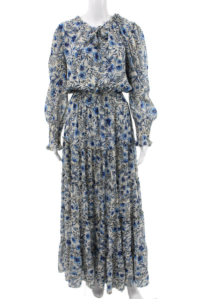 Misa Womens Maxi Dress Blue Floral Boho Long Sleeve Round Neck Polyester Size M