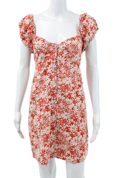 Madewell Womens Red Floral Linen Sweetheart Mini Dress Short Sleeve Size 12