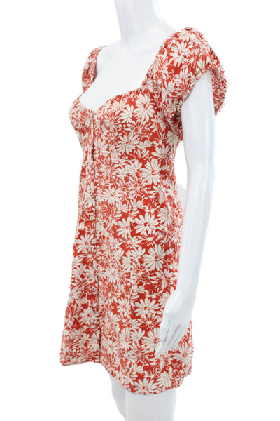 Madewell Womens Red Floral Linen Sweetheart Mini Dress Short Sleeve Size 12