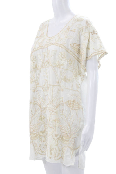 Zara Womens Kaftan Dress White Floral V Neck Short Sleeve Cotton Size XS