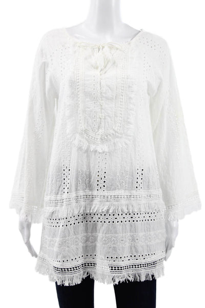 Miss Look Womens Tunic Blouse White Cotton Henley Long Sleeve Button Size S