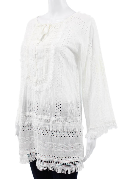 Miss Look Womens Tunic Blouse White Cotton Henley Long Sleeve Button Size S